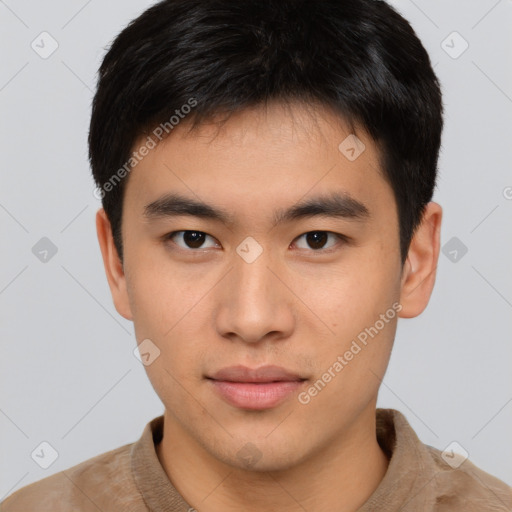 Neutral asian young-adult male with short  brown hair and brown eyes