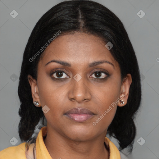 Joyful latino young-adult female with medium  brown hair and brown eyes