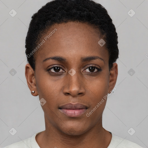 Neutral black young-adult female with short  black hair and brown eyes