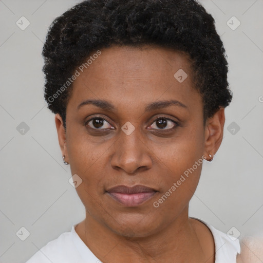 Neutral black young-adult female with short  brown hair and brown eyes