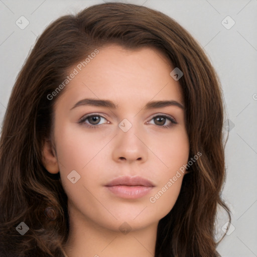 Neutral white young-adult female with long  brown hair and brown eyes