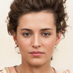 Neutral white young-adult female with short  brown hair and brown eyes