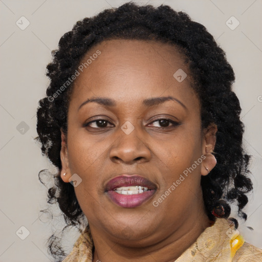 Joyful black adult female with long  brown hair and brown eyes