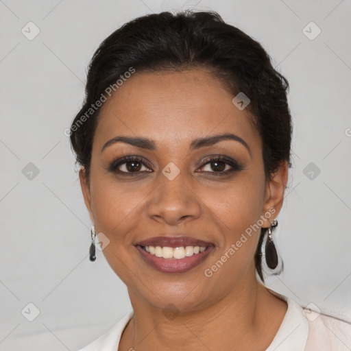 Joyful latino young-adult female with short  brown hair and brown eyes