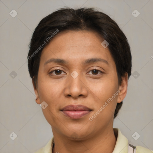 Joyful latino adult female with short  brown hair and brown eyes