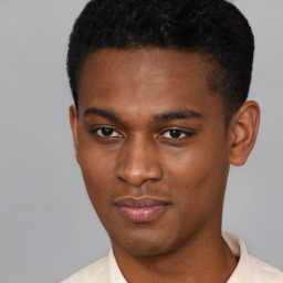 Neutral black young-adult male with short  black hair and brown eyes