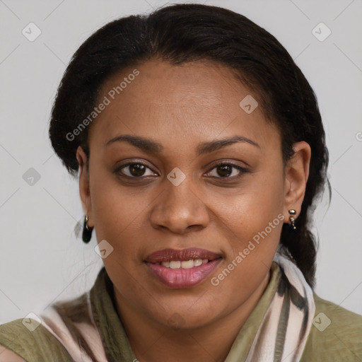 Joyful latino young-adult female with medium  brown hair and brown eyes