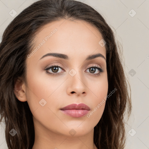 Neutral white young-adult female with long  brown hair and brown eyes