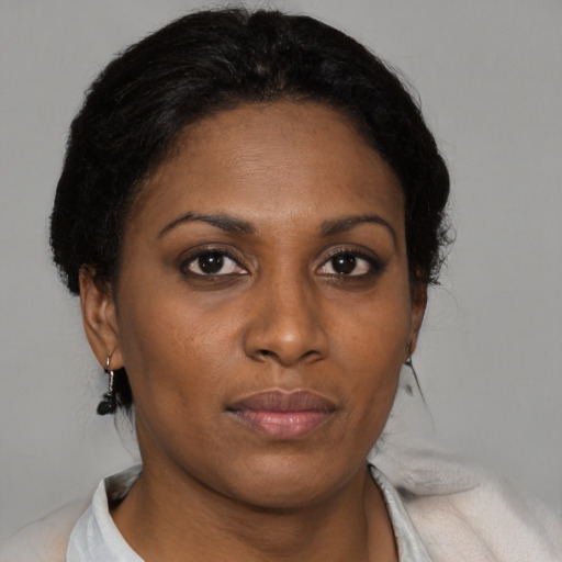 Neutral black young-adult female with short  brown hair and brown eyes