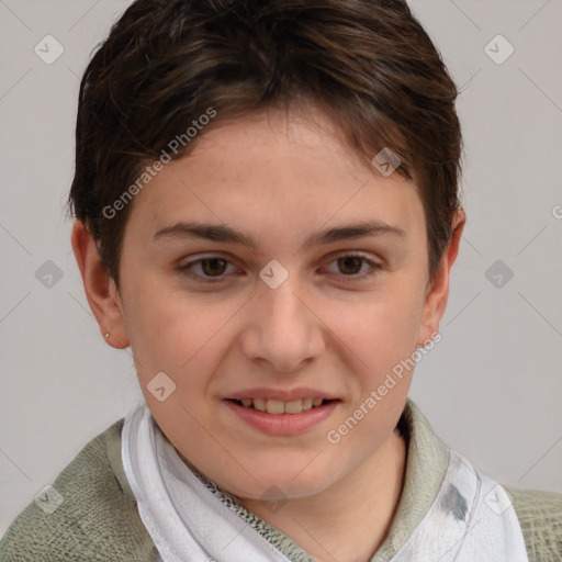 Joyful white young-adult female with short  brown hair and grey eyes