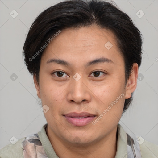 Joyful asian young-adult female with short  brown hair and brown eyes