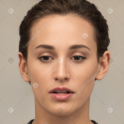 Neutral white young-adult female with short  brown hair and brown eyes