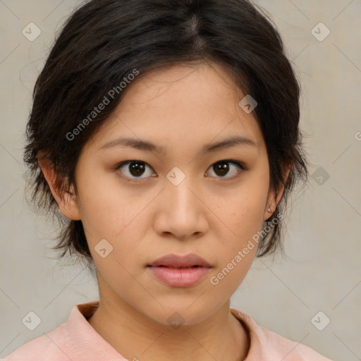 Neutral white young-adult female with medium  brown hair and brown eyes