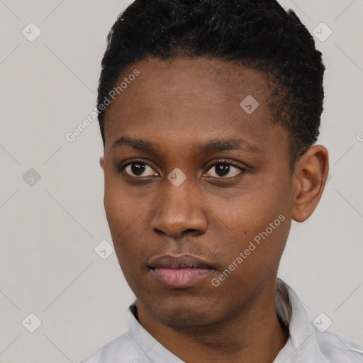 Neutral black young-adult male with short  black hair and brown eyes