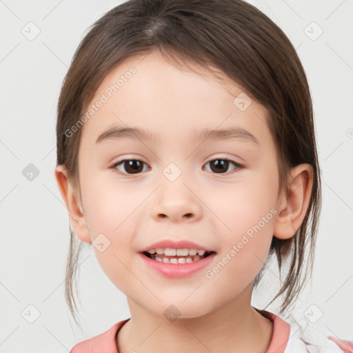 Joyful white child female with medium  brown hair and brown eyes