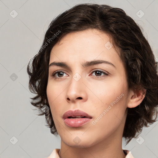 Neutral white young-adult female with medium  brown hair and brown eyes