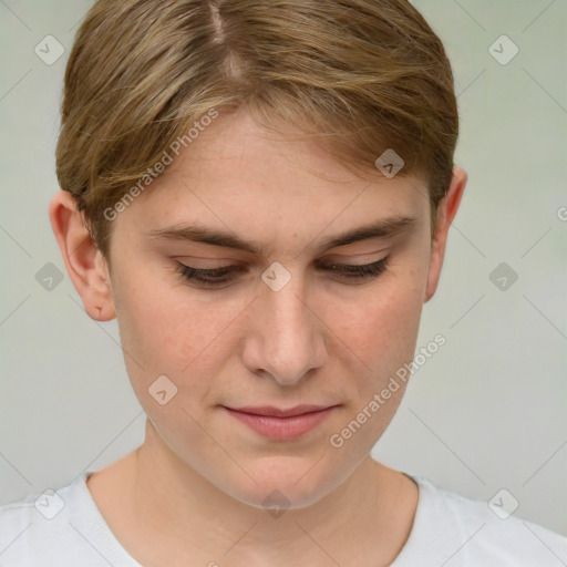 Joyful white young-adult female with short  brown hair and grey eyes