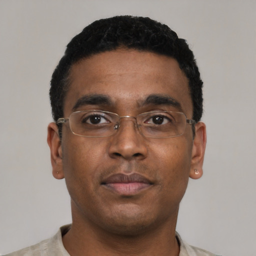 Neutral black young-adult male with short  black hair and brown eyes