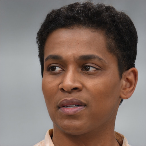 Joyful black young-adult male with short  brown hair and brown eyes