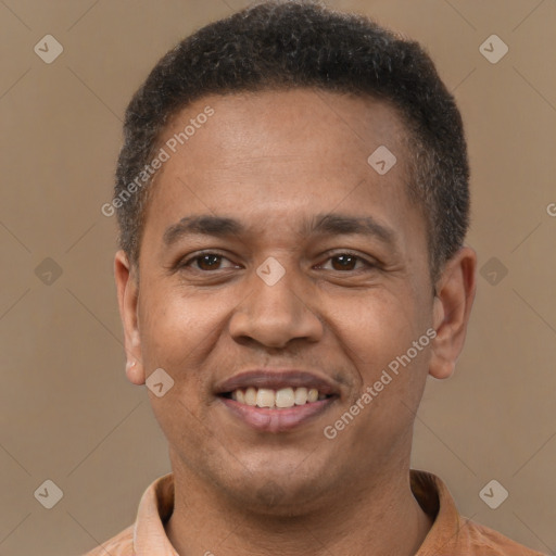 Joyful latino adult male with short  brown hair and brown eyes