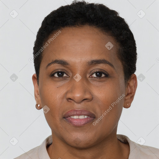 Joyful black adult female with short  brown hair and brown eyes
