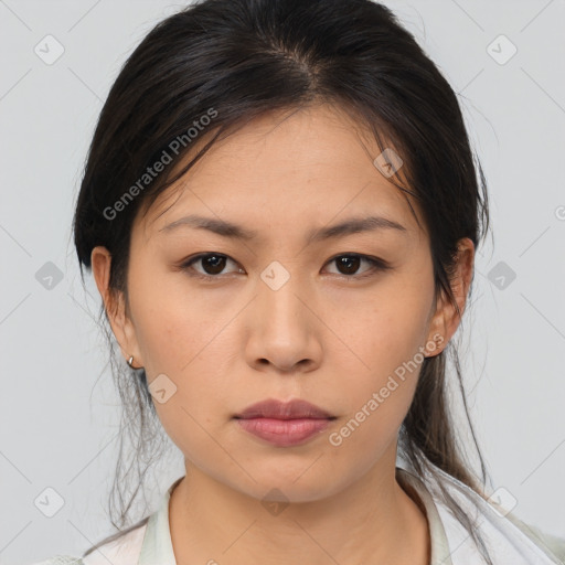 Neutral asian young-adult female with medium  brown hair and brown eyes