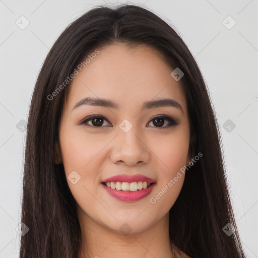 Joyful white young-adult female with long  brown hair and brown eyes