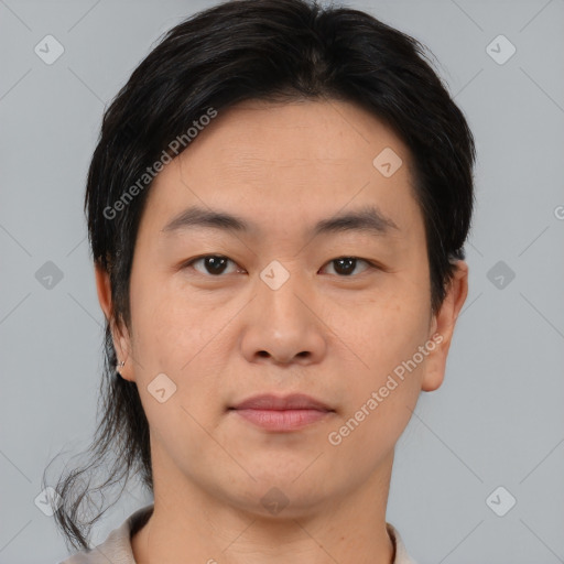 Neutral asian young-adult male with short  brown hair and brown eyes