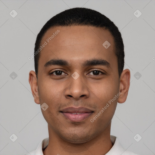 Neutral latino young-adult male with short  black hair and brown eyes