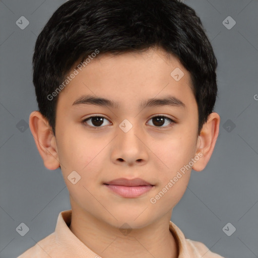 Joyful asian child male with short  brown hair and brown eyes