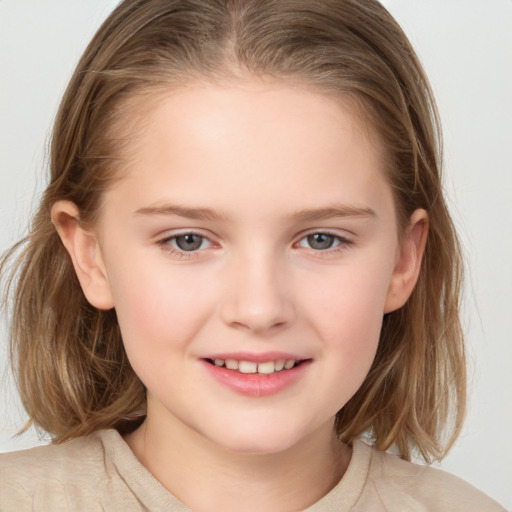 Joyful white child female with medium  brown hair and grey eyes