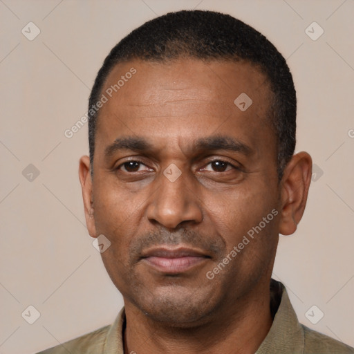 Neutral black adult male with short  black hair and brown eyes