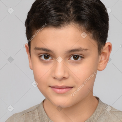 Joyful white child female with short  brown hair and brown eyes