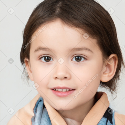 Joyful white child female with medium  brown hair and brown eyes