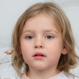 Neutral white child female with medium  brown hair and blue eyes