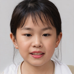 Joyful white child female with medium  brown hair and brown eyes