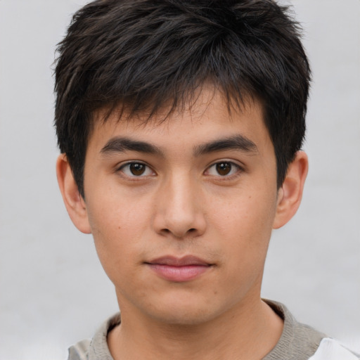 Neutral asian young-adult male with short  brown hair and brown eyes