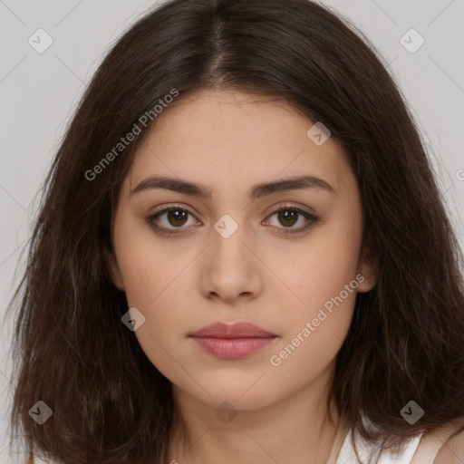 Neutral white young-adult female with long  brown hair and brown eyes