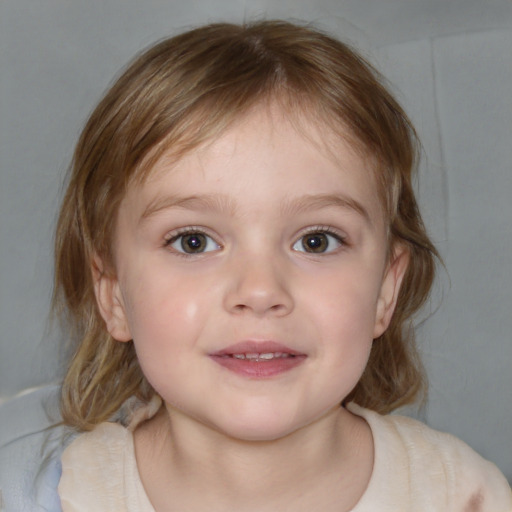 Joyful white child female with medium  brown hair and blue eyes