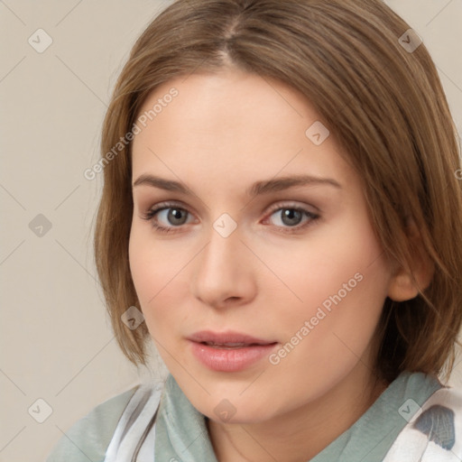 Neutral white young-adult female with medium  brown hair and brown eyes