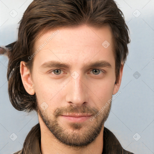 Neutral white young-adult male with short  brown hair and grey eyes