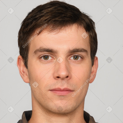 Neutral white young-adult male with short  brown hair and brown eyes