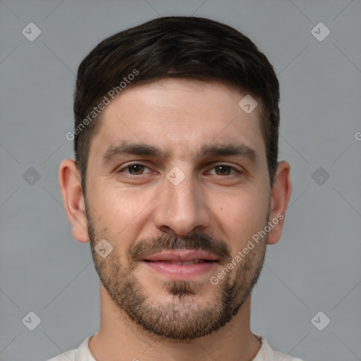 Joyful white young-adult male with short  brown hair and brown eyes