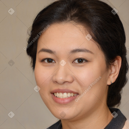 Joyful white young-adult female with medium  brown hair and brown eyes