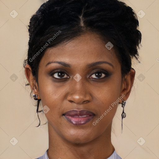 Joyful black young-adult female with medium  black hair and brown eyes