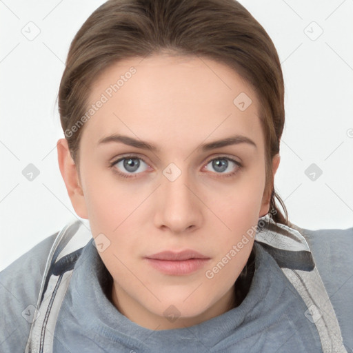 Neutral white young-adult female with medium  brown hair and grey eyes