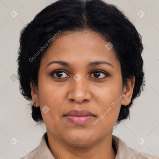 Joyful latino adult female with medium  brown hair and brown eyes