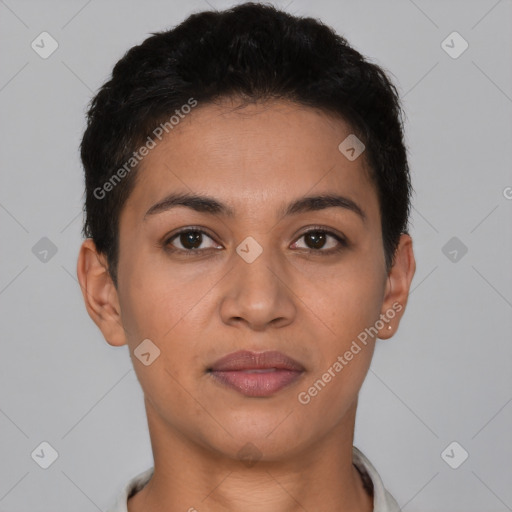 Joyful latino young-adult female with short  brown hair and brown eyes