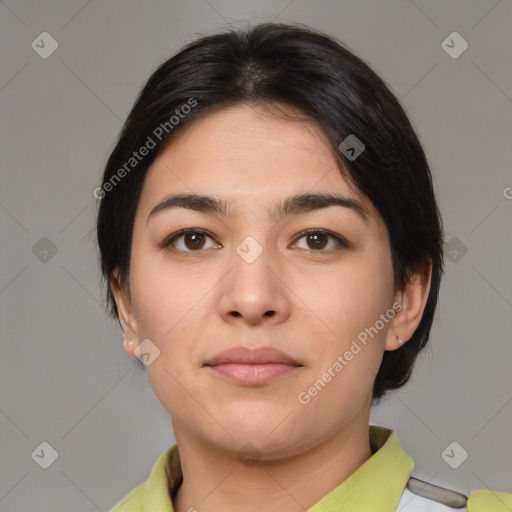 Neutral white young-adult female with medium  brown hair and brown eyes