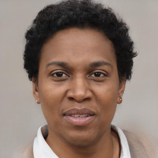 Joyful black adult female with short  brown hair and brown eyes